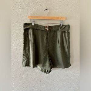 J Crew Linen Blend Belted High Waist Shorts Army Green Size 14